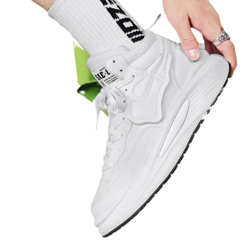 Men's black and white platform high-top board shoes with round toe and artificial PU upper