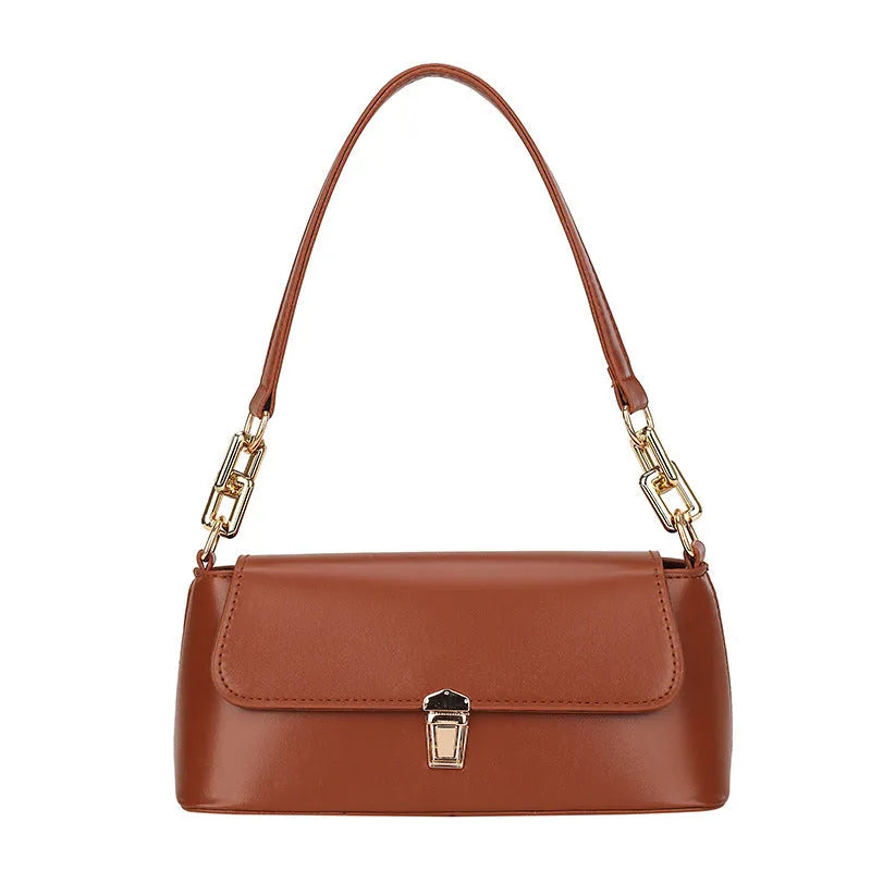 Brown PU leather underarm shoulder bag with square shape, sandwich pocket front and adjustable shoulder chain