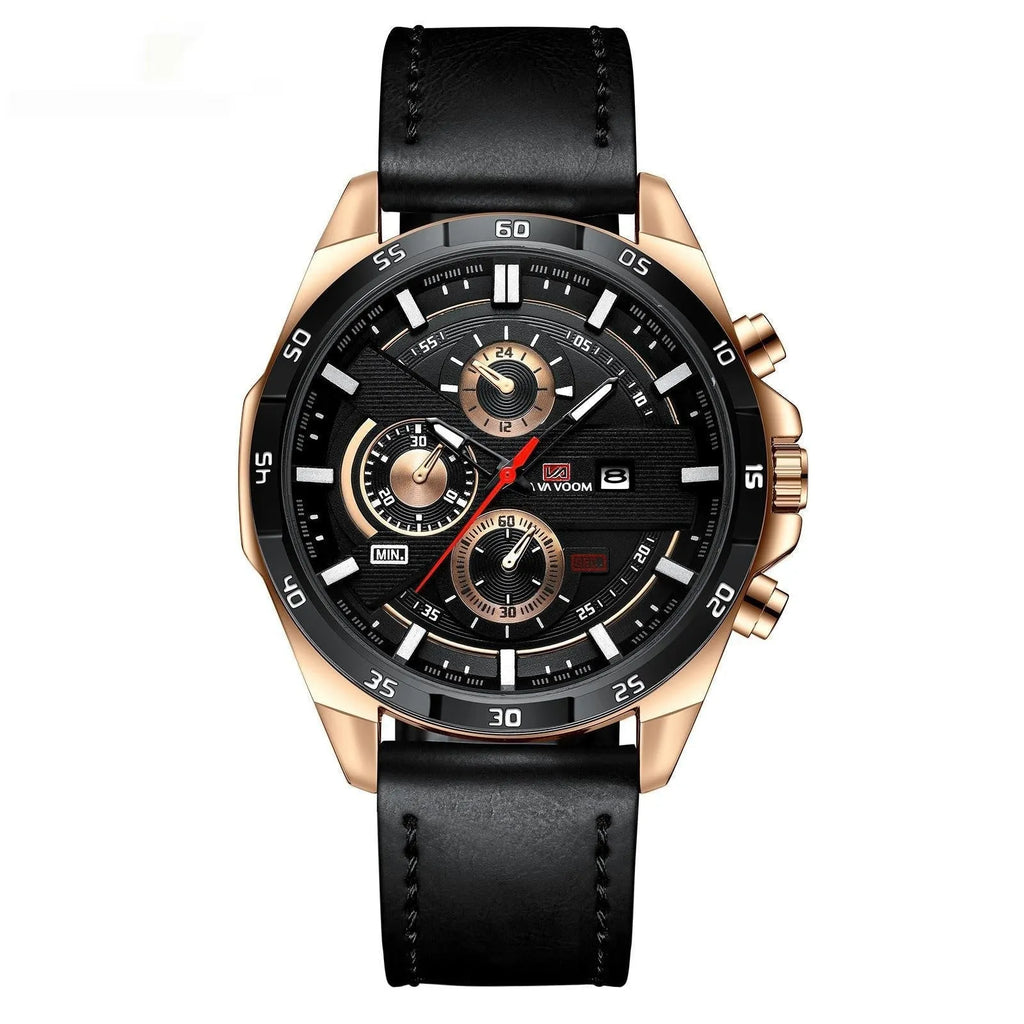 Men's casual quartz watch with business calendar function showing multiple colour options including black belt rose gold and brown belt silver