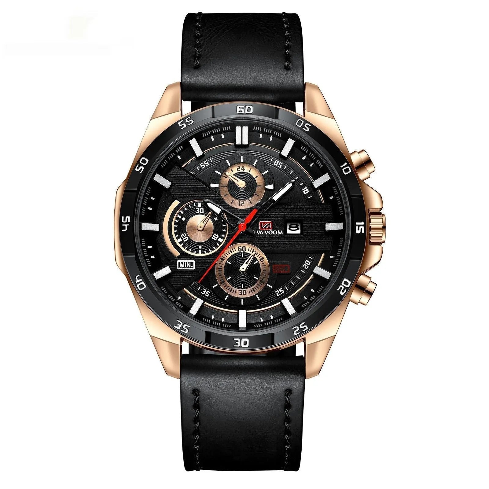 Men's casual quartz watch with business calendar function showing multiple colour options including black belt rose gold and brown belt silver