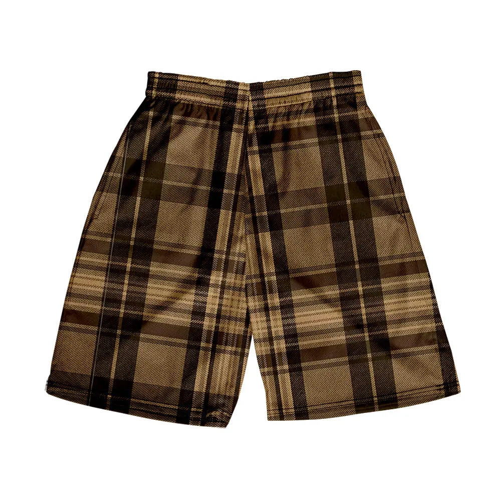 Men's plaid shorts with digital print pattern in polyester fabric, straight fit casual beach pants
