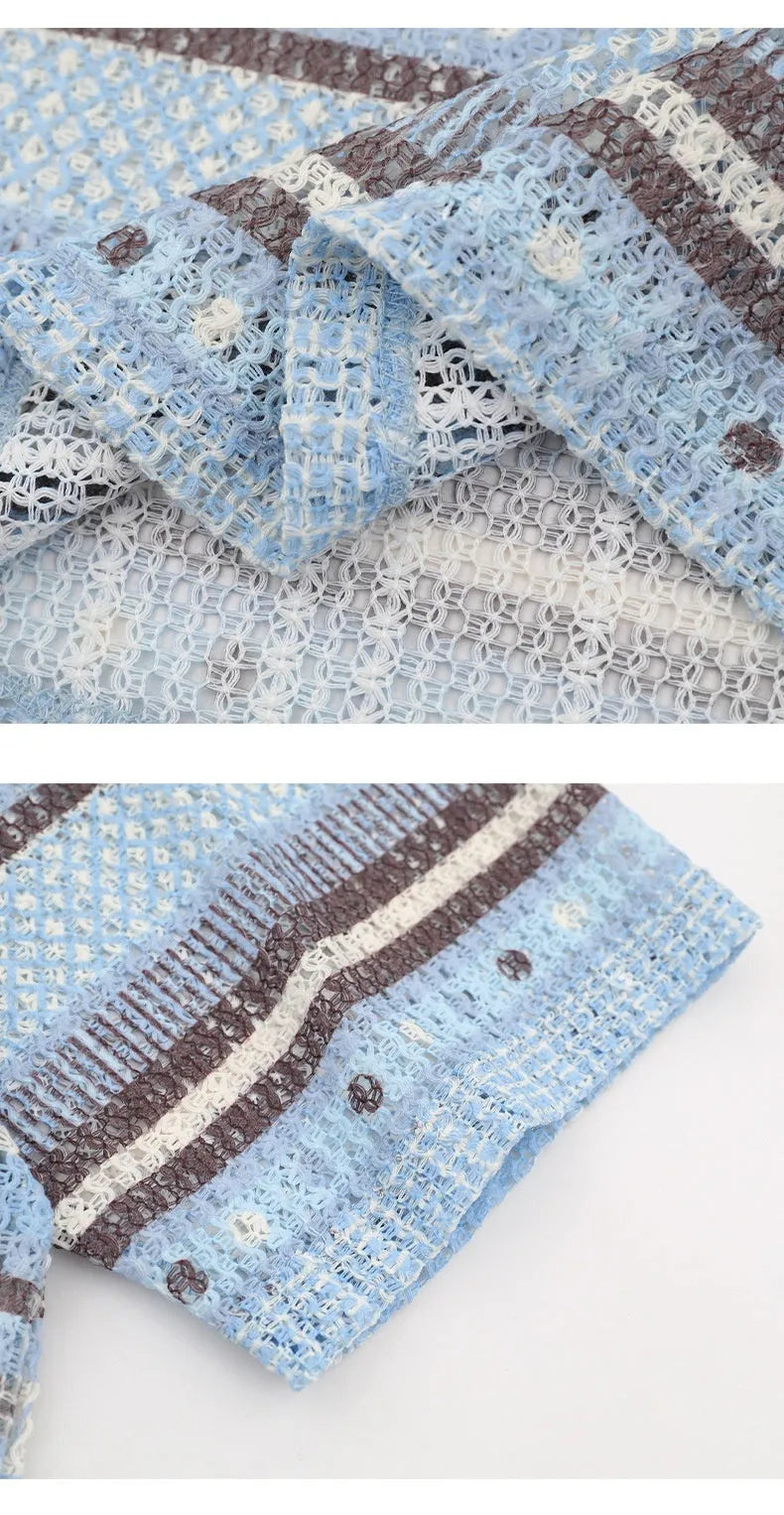 Blue and yellow versions of a men's loose-fit printed short sleeve shirt made from elastic fabric.