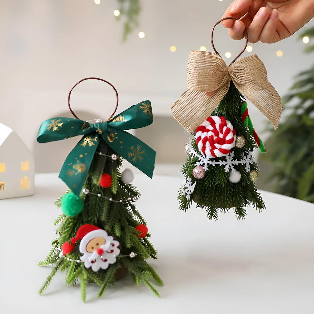 Red and white snowflake mini Christmas tree ornament made from PE foam, 21cm tall, hanging on a branch