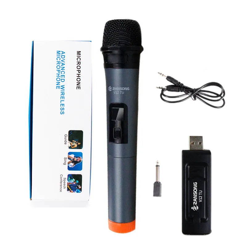 Black V12 wired dynamic handheld microphone with USB receiver and audio cable