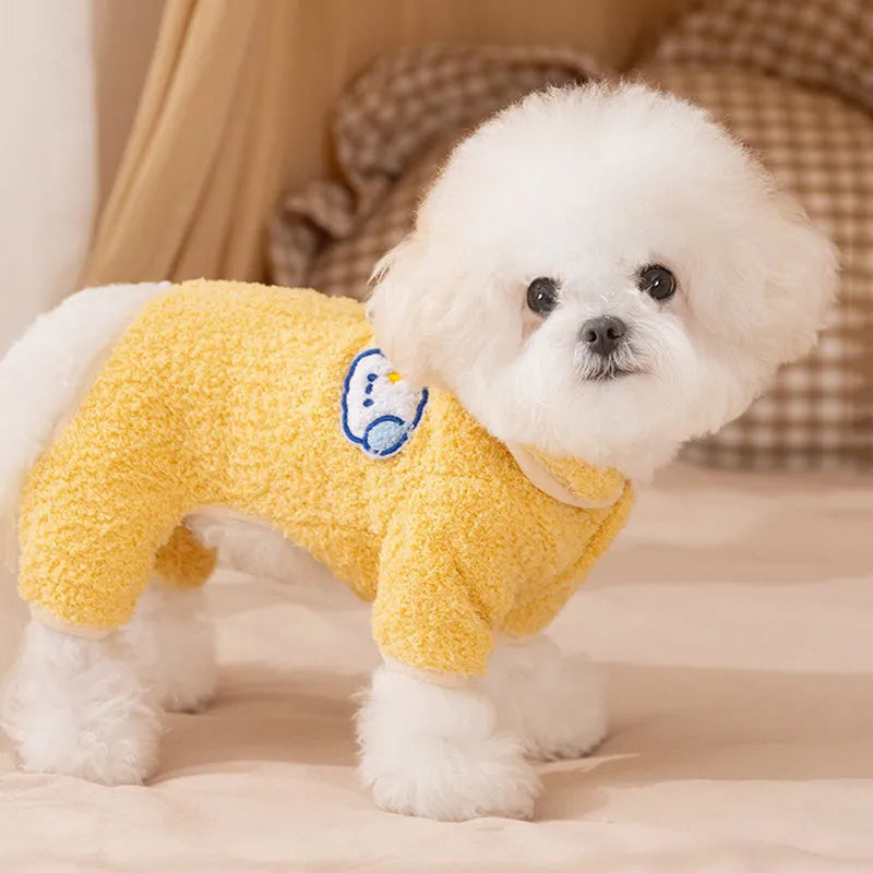 Yellow thick plush winter dog pajamas one-piece suit cartoon style for small dogs