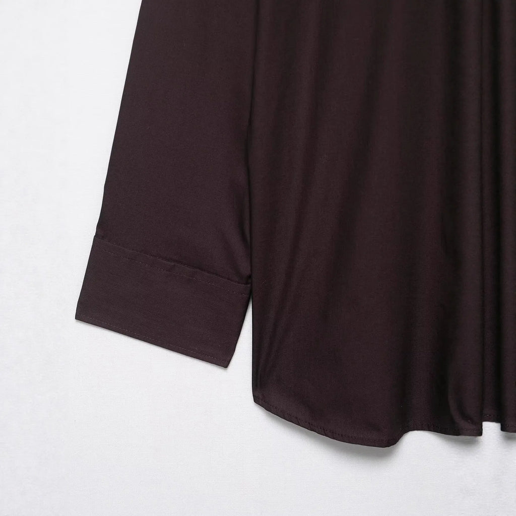 Brown loose fit women's long sleeve poplin shirt with a bow tie scarf