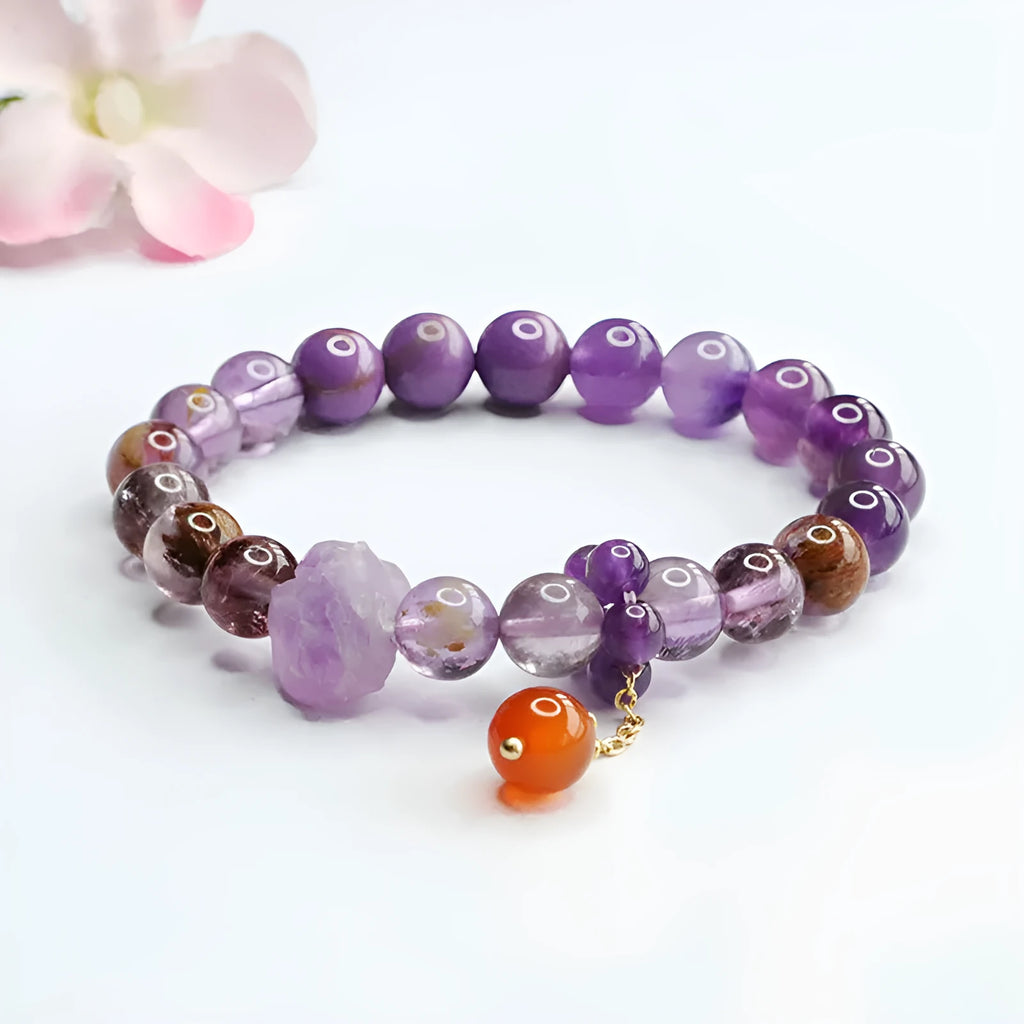 Natural nine purple amethyst crystal bracelet with red agate stones in mori style design