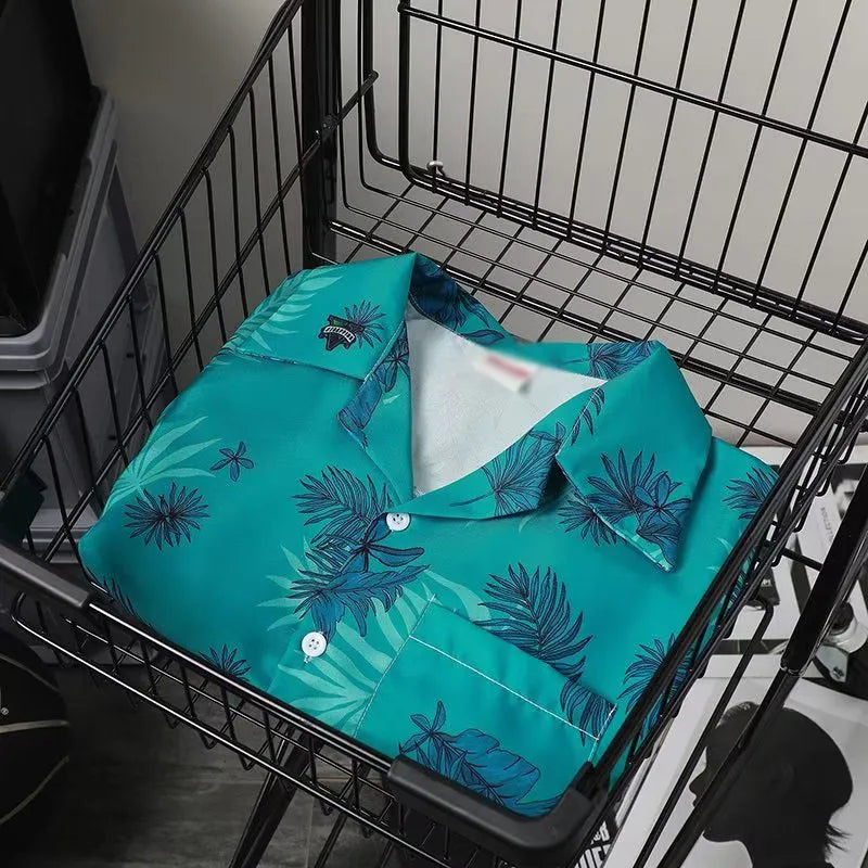 Green summer thin printed shirt for men, loose cardigan style, short sleeves, polyester blend
