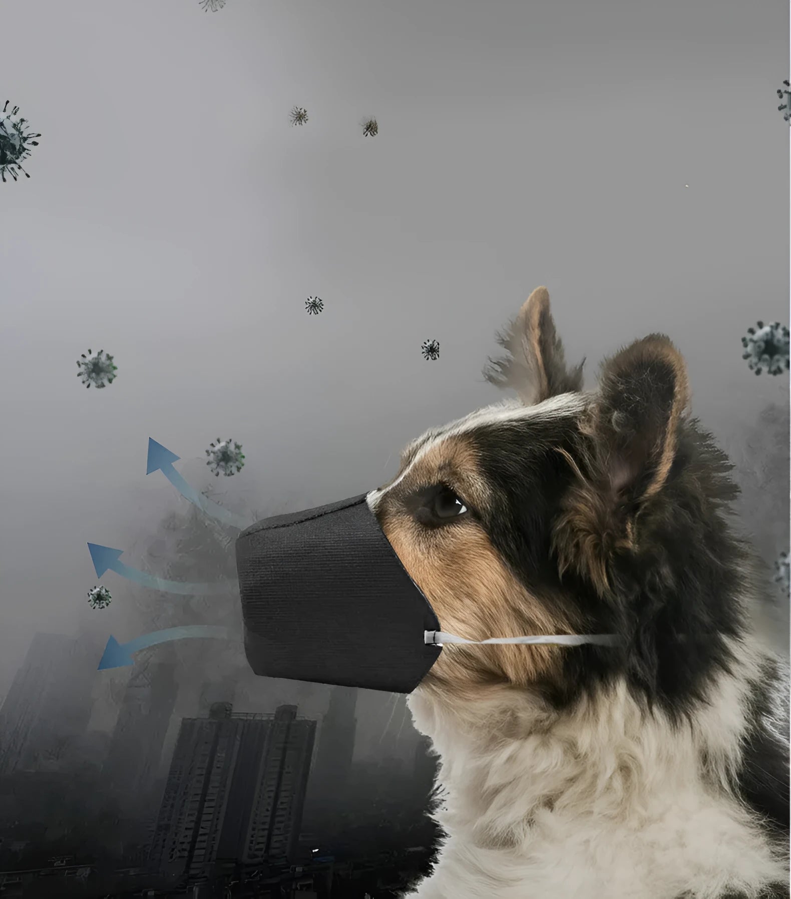 Adjustable black cloth muzzle for pets, side view showing strap and breathable material