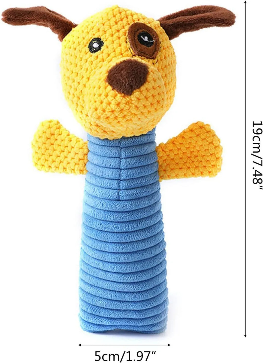 Squeaky stuffed animal dog chew toy in polyester fibre for dental care and chewing relief