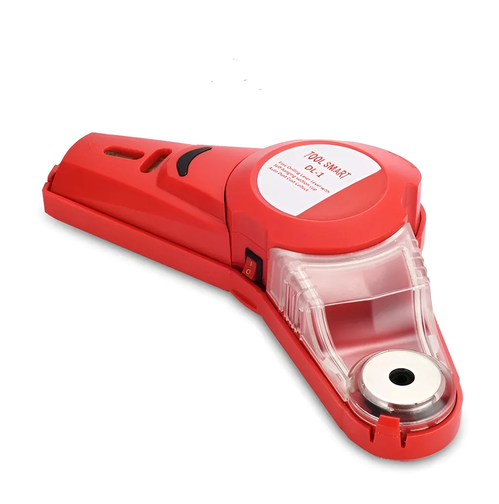 Red portable woodworking laser level with punch positioning tool on a workbench.