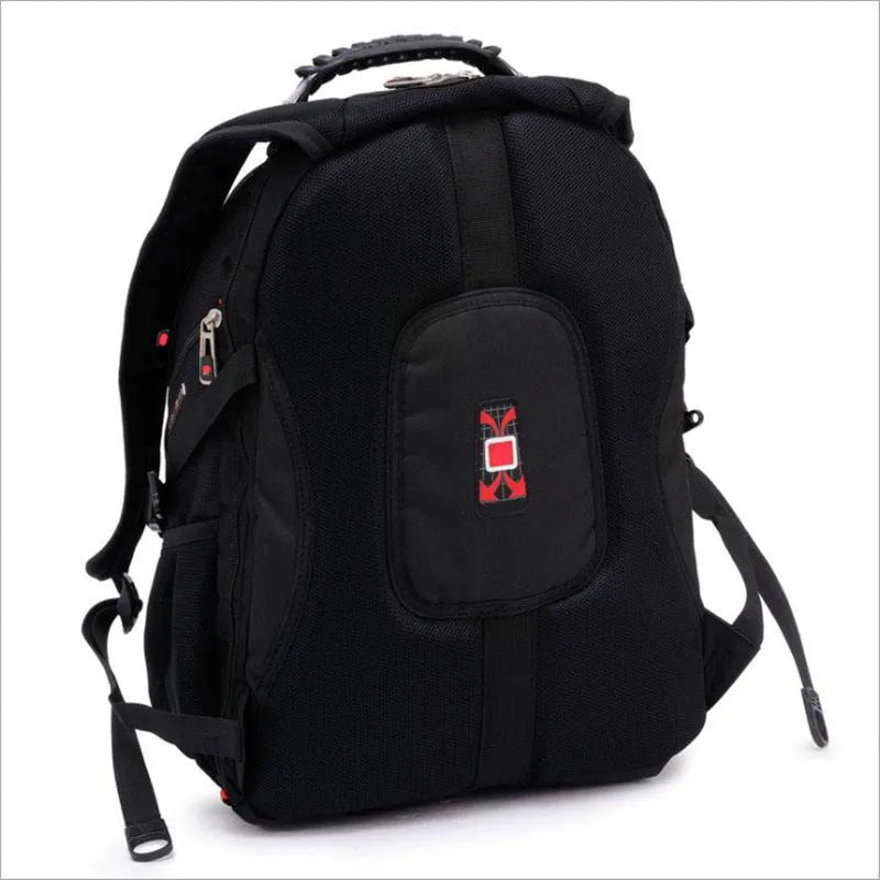 Black business computer backpack showing multiple compartments and organisational pockets for laptop carry.