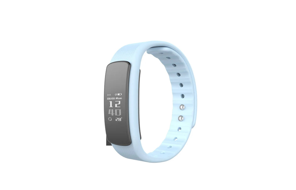 I6 smart sports bracelet with 0.96-inch touchscreen display on wrist showing health metrics