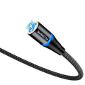 Black magnetic 3-in-1 fast charge data cable with side LED light for Apple and Android phones