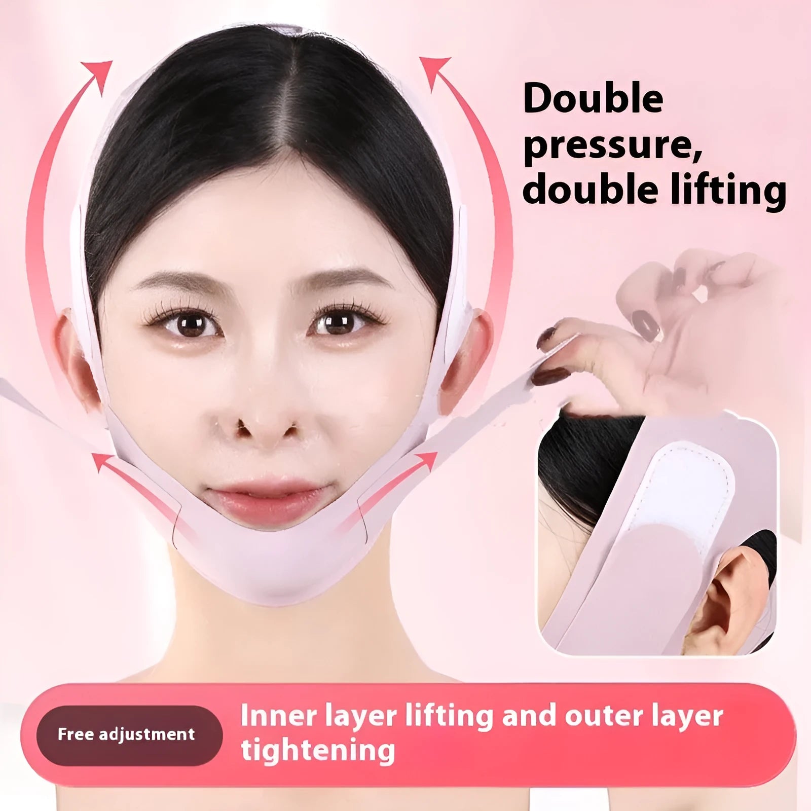 Small V face shaping mask in purple and green colours with breathable fabric construction