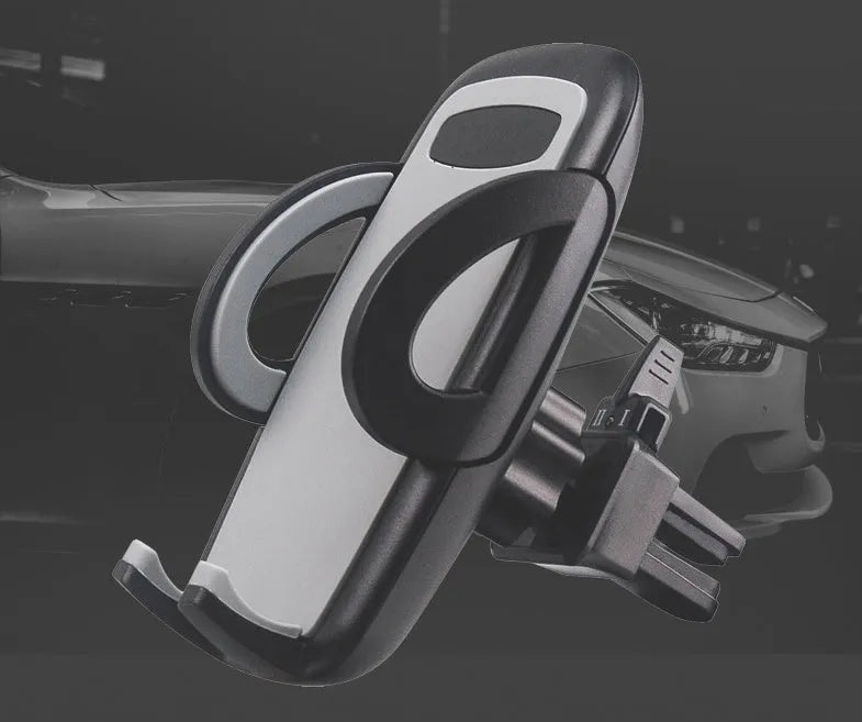 Black universal car mobile phone holder mounted on air conditioning outlet with smartphone secured