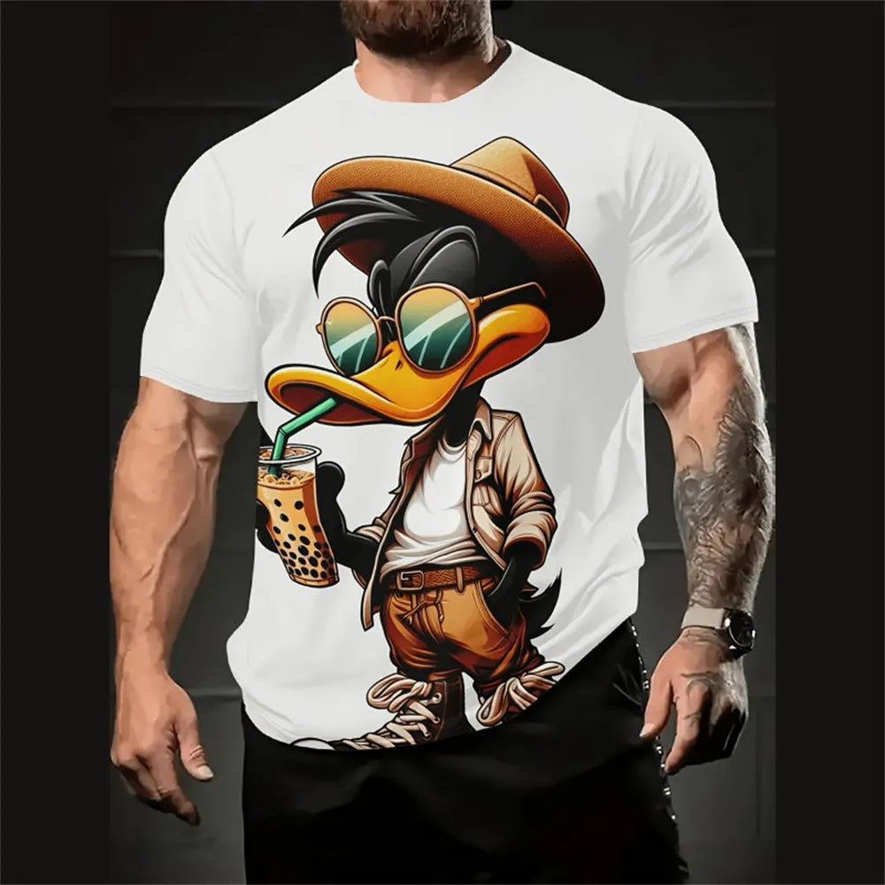 Man wearing a loose casual short sleeve shirt with a 3D cartoon pattern, made from thin milk silk fabric.