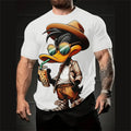 Man wearing a loose casual short sleeve shirt with a 3D cartoon pattern, made from thin milk silk fabric.