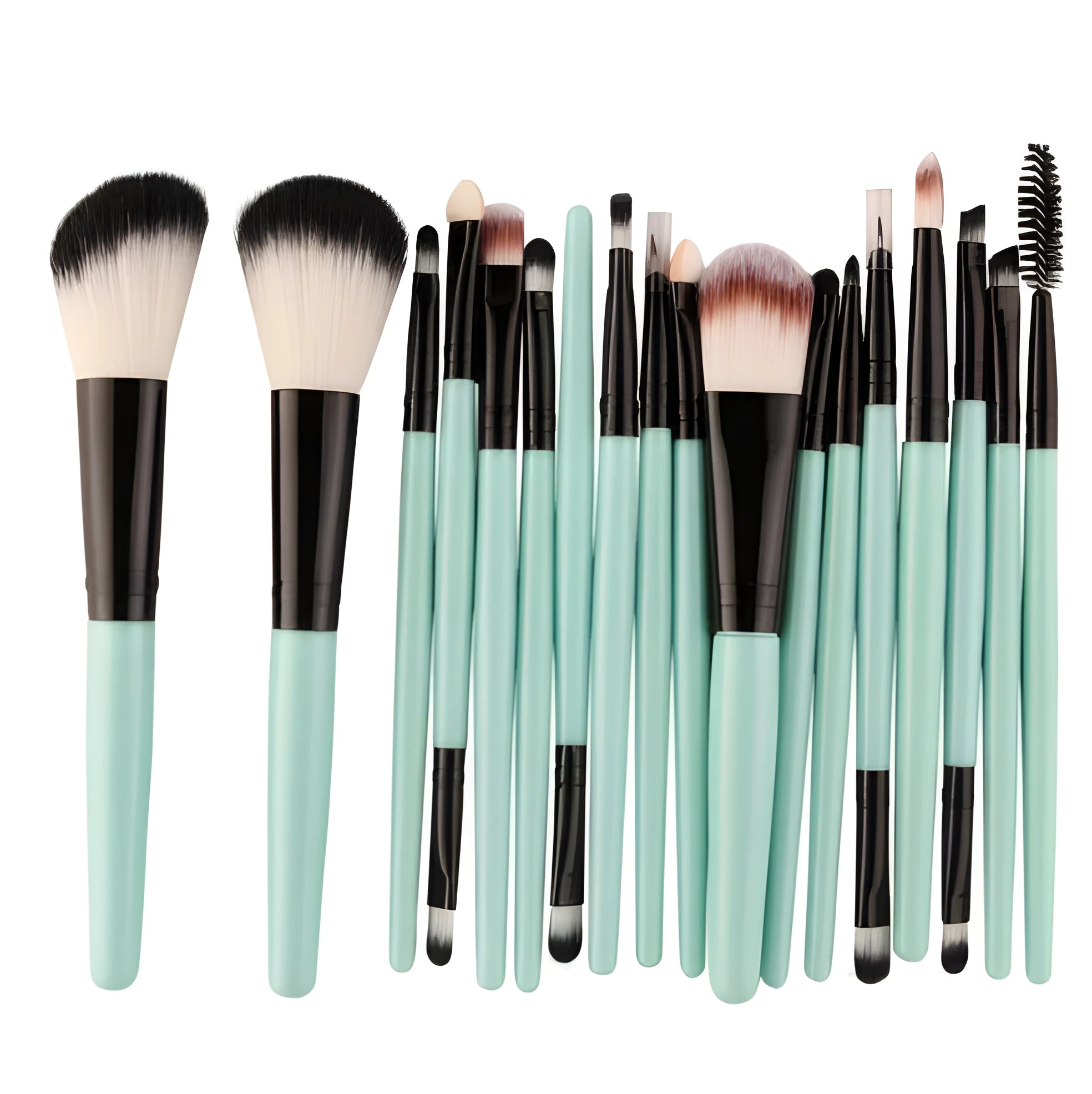 18-piece makeup brush set showing various brush shapes including fan tools for powder and contouring