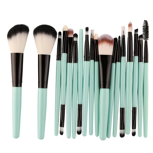 18-piece makeup brush set showing various brush shapes including fan tools for powder and contouring