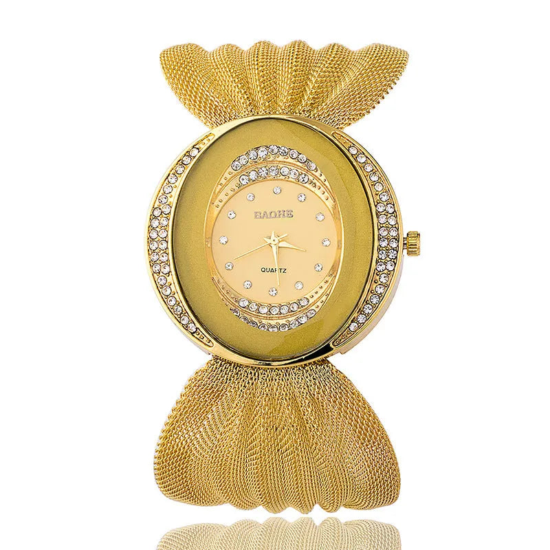 Gold silver ladies fashion watch with oval dial, alloy mesh strap, and mineral glass mirror