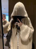 Women's dark grey retro hooded cardigan with thick knit and loose fit, shown open as a sweater.