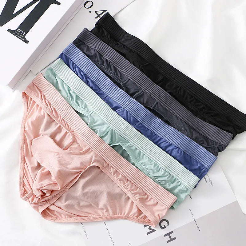 Men's low waist briefs underwear in ice silk fabric, shown in multiple colours.