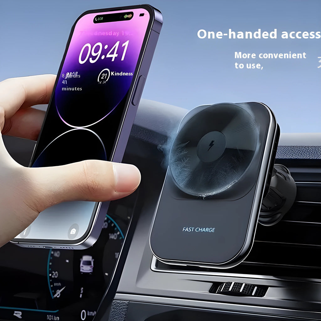 S16 Black Semiconductor Refrigeration Magnetic Car Wireless Charger on air vent mount with electroplated frame and CD lens