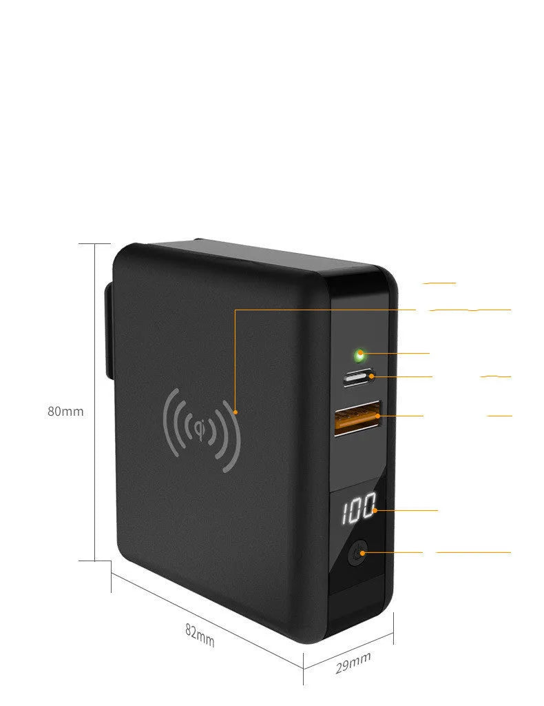 Super QI wireless power bank with built-in folding plug, shown in black and white.