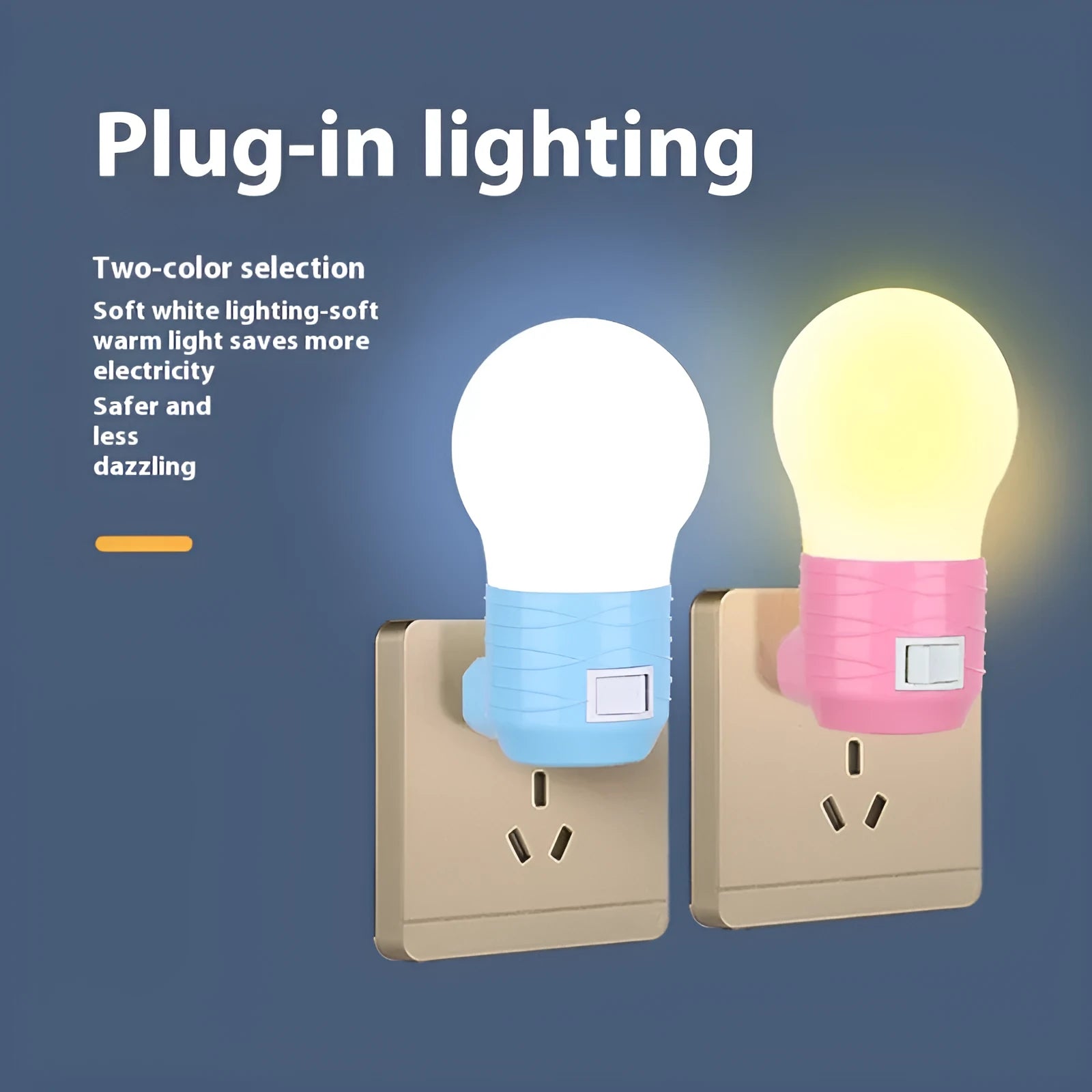 Modern round plug-in bedside lamp in white, blue, or pink shell with selectable white, warm, or three-colour lighting