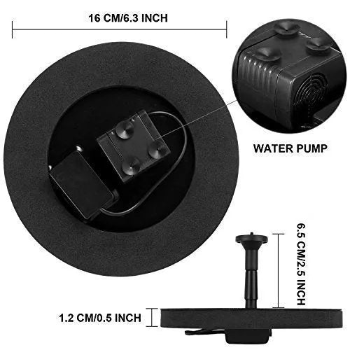 Solar floating fountain with round black panel and four spray nozzles on water surface