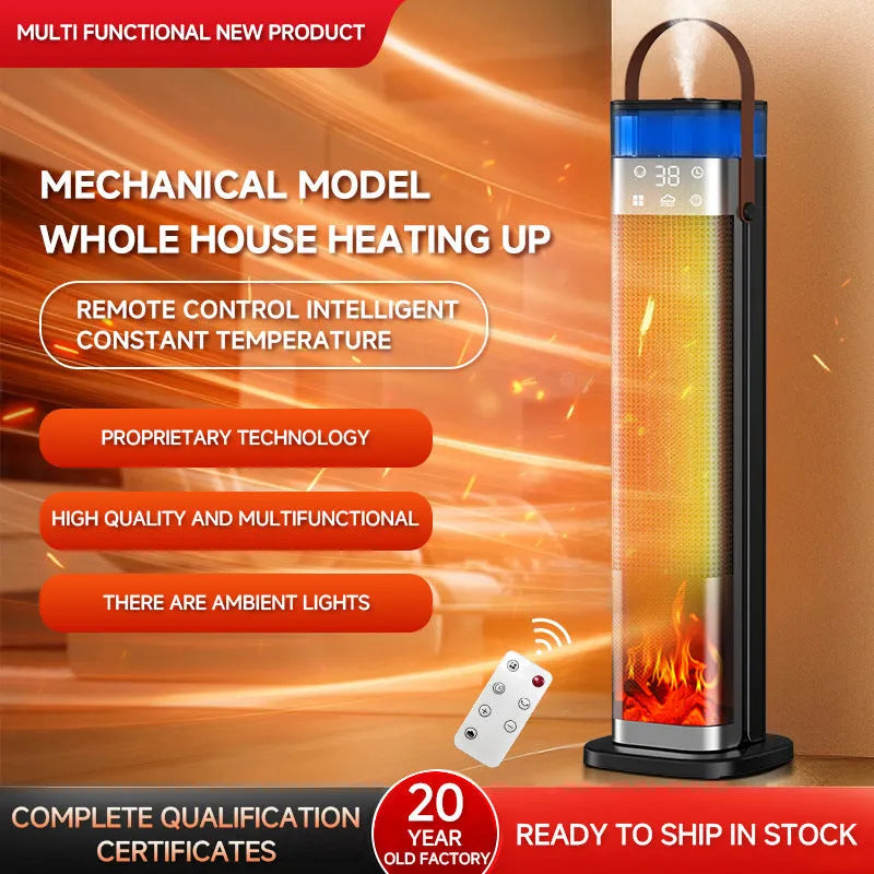 Tall, vertical PTC ceramic space heater with humidifier function and remote control.