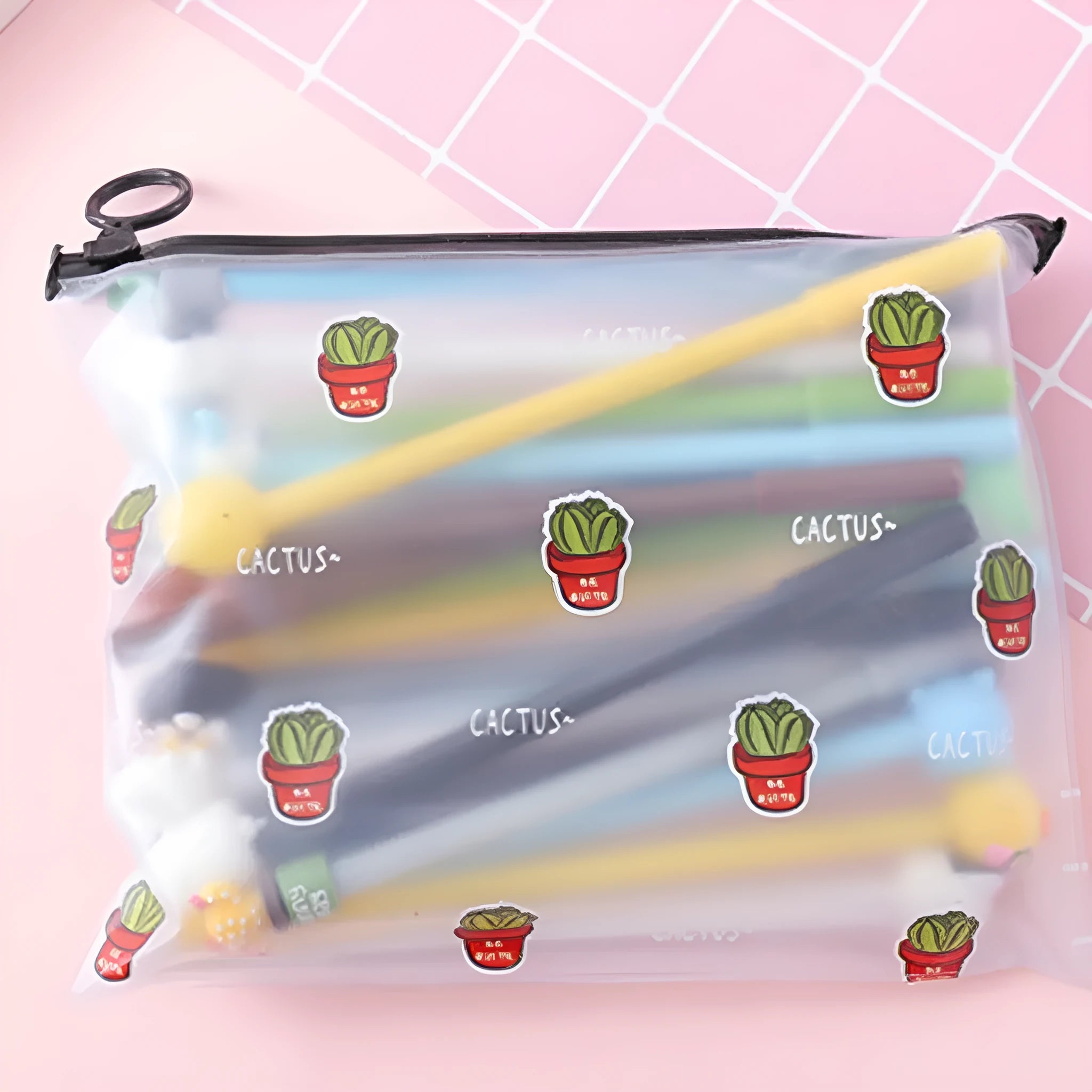 Marvel series cartoon pen set with 20 black 0.5mm pens and plastic storage case featuring cactus designs