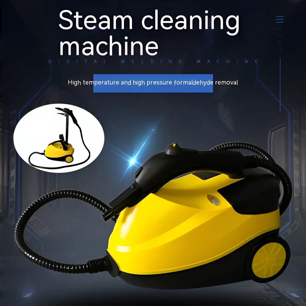 Yellow handheld steam cleaning machine with copper and plastic body on plain background