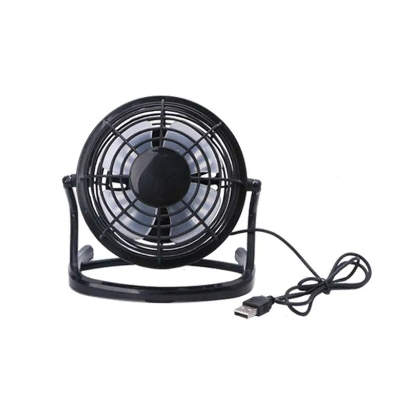 Mini USB desk fan in black colour showing adjustable tilt mechanism and compact 16cm size