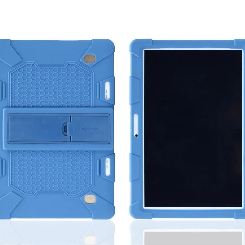 Pink silicone protective case with stand for a 10.1-inch tablet on a table
