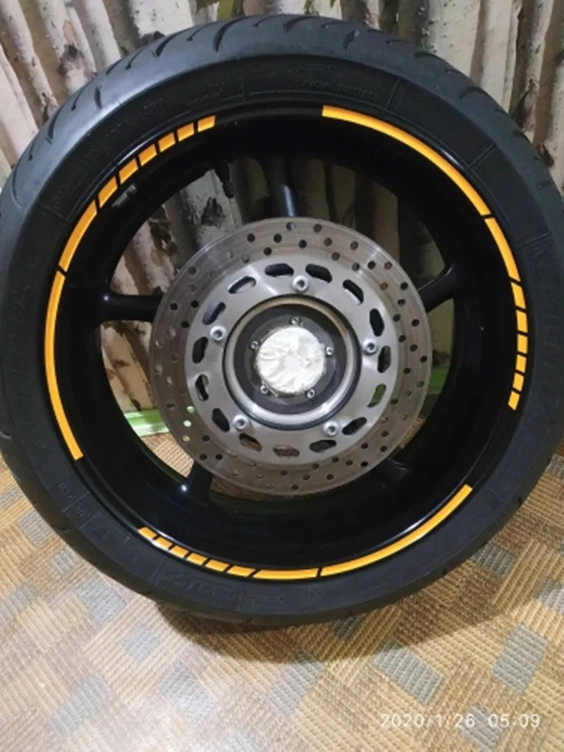 18-inch reflective PVC rim sticker on a car wheel hub, showing blue colour option