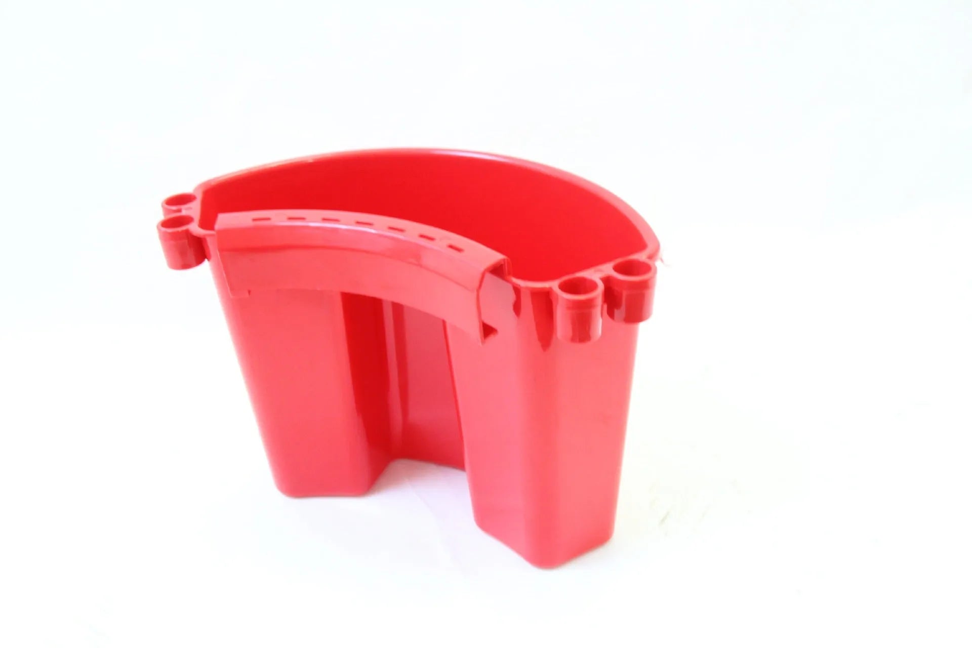 A coloured plastic car wash bucket with a side handle, shown for vehicle cleaning.