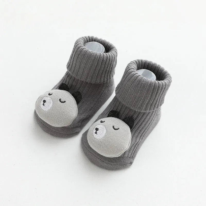 Baby non-slip socks with glue print sole in blue white bear colour, loose fit combed cotton middle tube