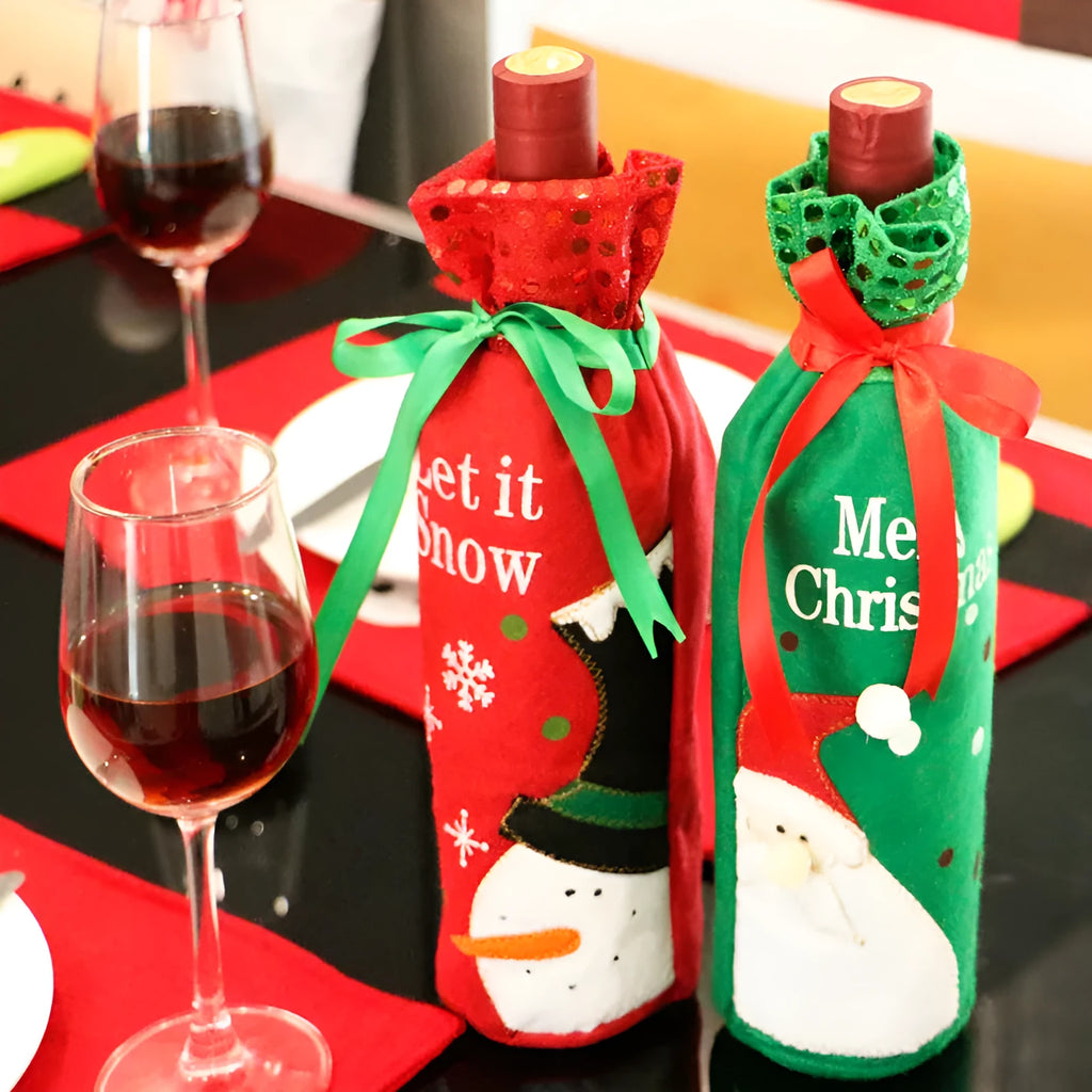 Christmas wine bottle cover in red snowman suit on a standard bottle