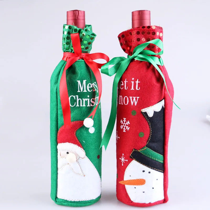 Christmas wine bottle cover in red snowman suit on a standard bottle