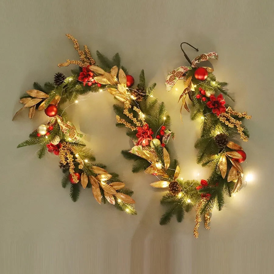 American country style plastic Christmas garland draped on a stair bannister with optional LED lights.