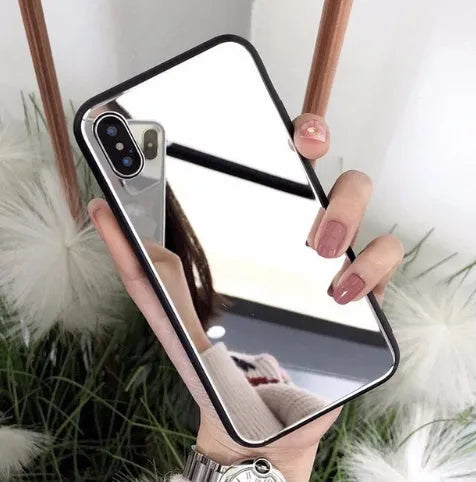 Black iPhone case with a square glass mirror on the back, compatible with iPhone 7 Plus, 8 Plus, and X models.
