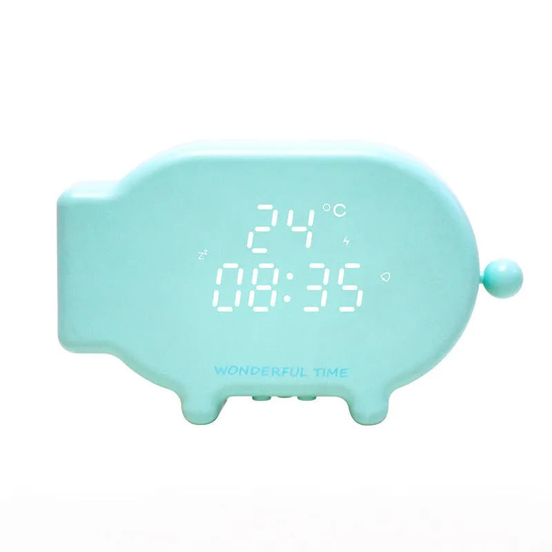 Blue and pink multifunctional LED digital alarm clock displaying time and temperature, with USB charging cable