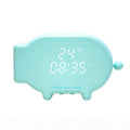 Blue and pink multifunctional LED digital alarm clock displaying time and temperature, with USB charging cable