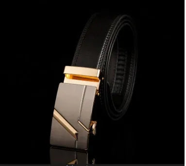 Men's black cowhide leather automatic buckle belt with gold buckle head, 3.55cm width