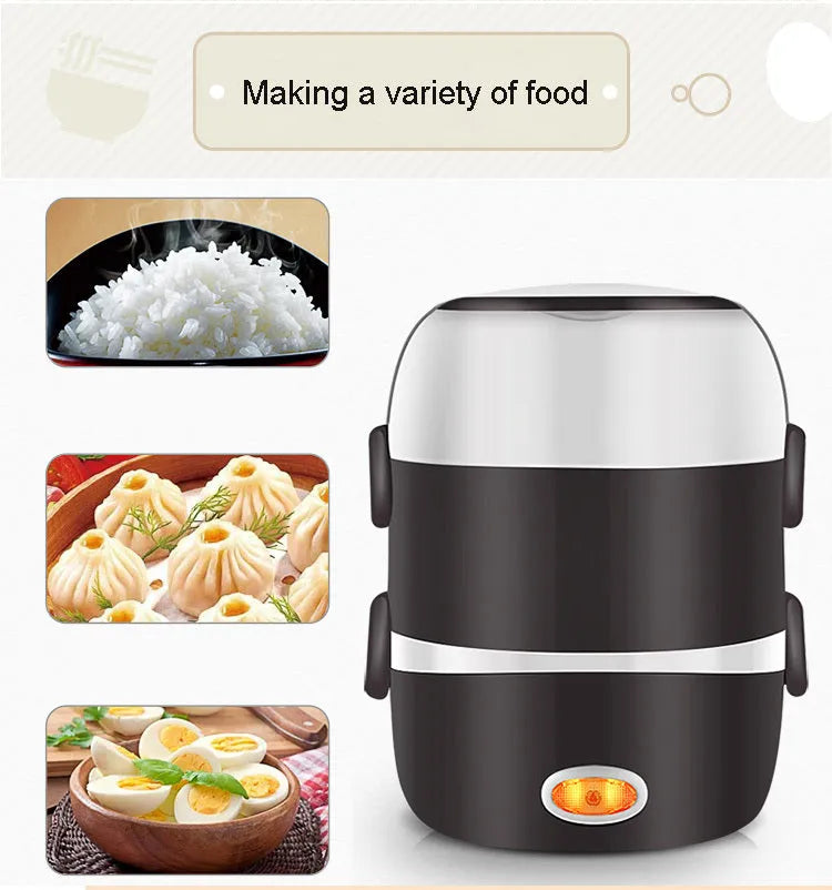 USB-powered electric lunch box showing two-layer and three-layer insulated compartments with capacity options