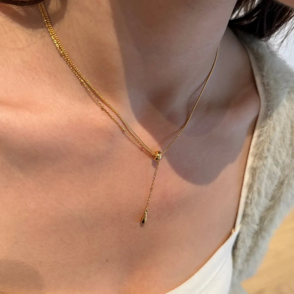 Gold 925 sterling silver double-layer clavicle chain necklace with water droplet motif