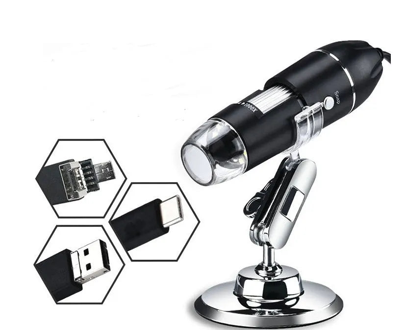 3-in-1 USB digital microscope with universal bracket, 1600X magnification, adjustable LED lights