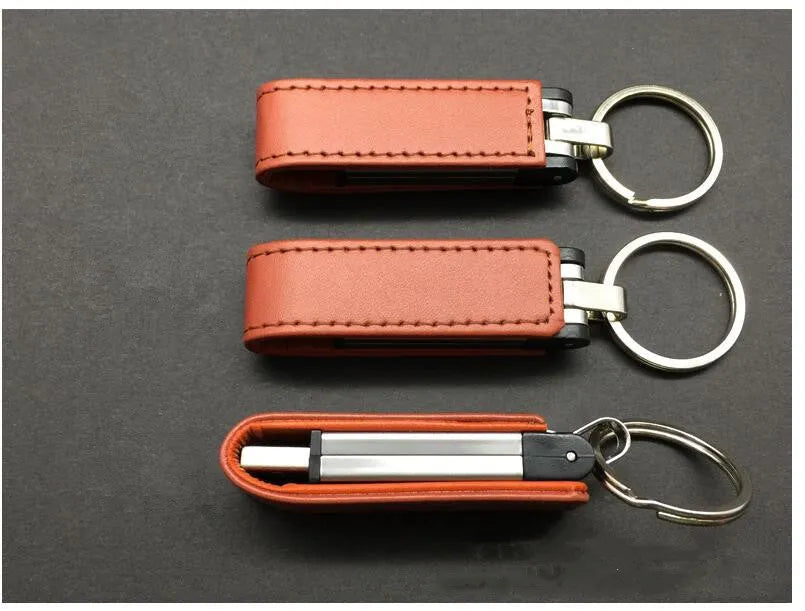Leather USB flash drive with keychain loop in brown, USB 2.0 portable storage